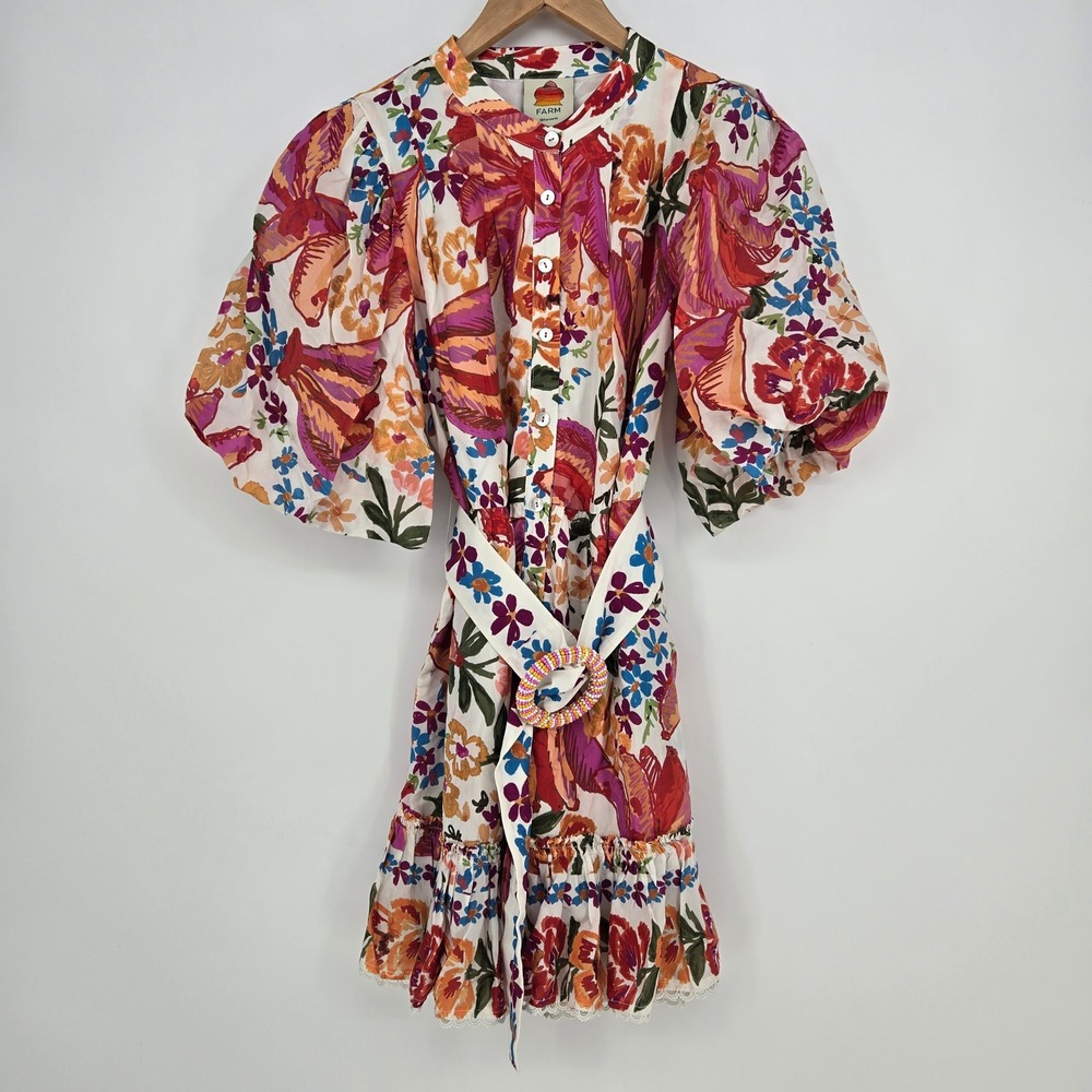 Farm Rio Colorful Floral Mini Dress Puff Sleeve Beaded Belt Summer Casual